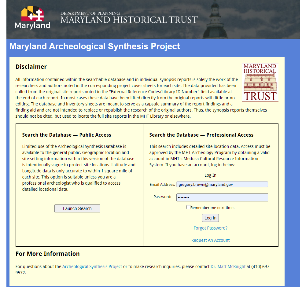 Maryland Archeological Synthesis Project